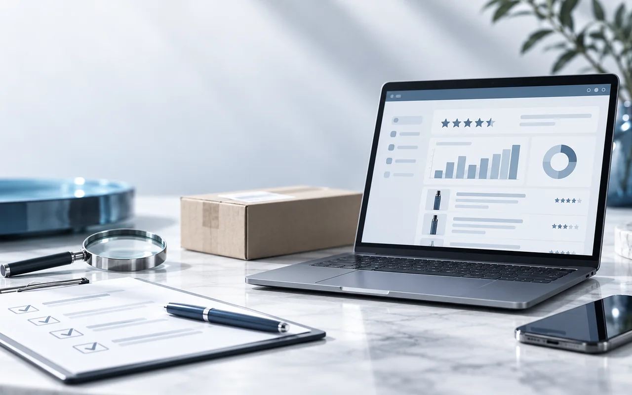 Redaktionelle Produktprüfung an einem modernen Arbeitsplatz mit Vape-Produkten