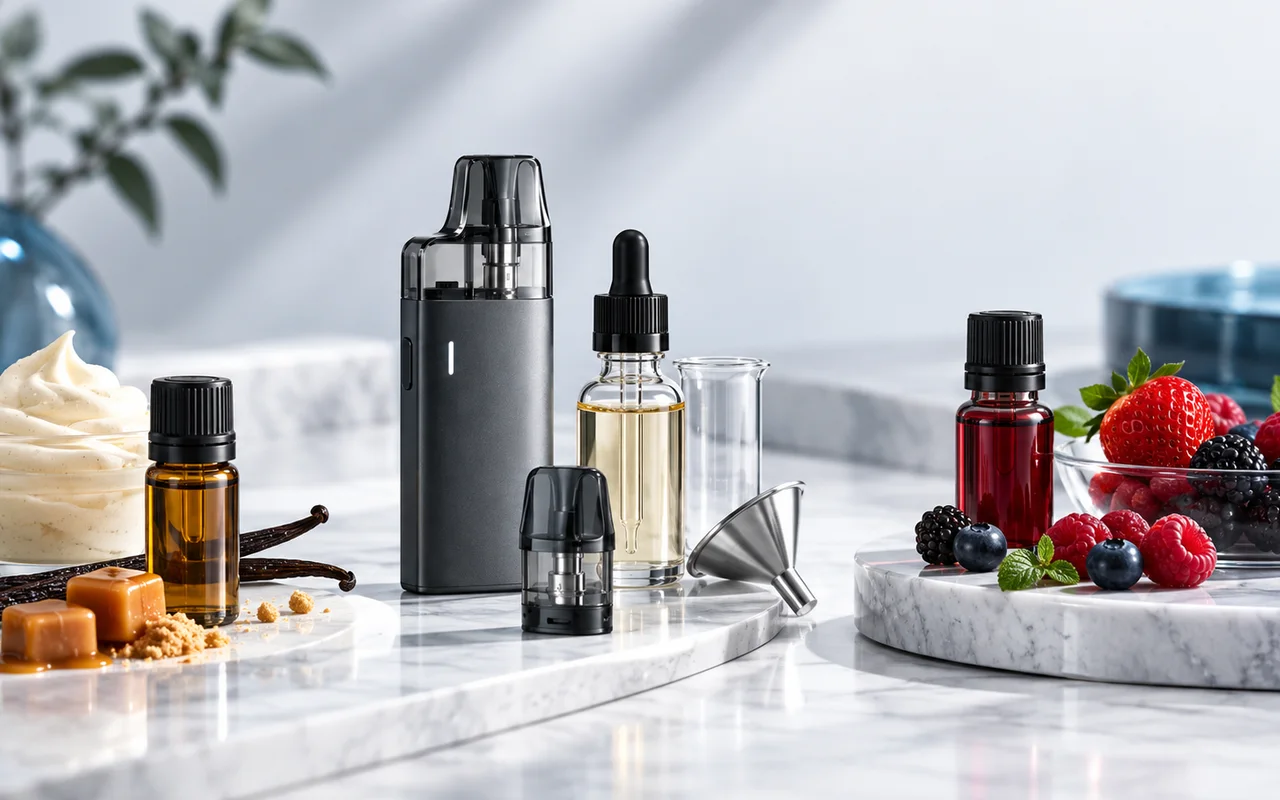 E-Liquid-Aromen, Pod-System und Geschmackszutaten in einer professionellen Produktaufnahme