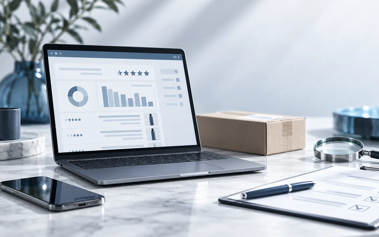 Redaktionelle Produktprüfung an einem modernen Arbeitsplatz mit Vape-Produkten