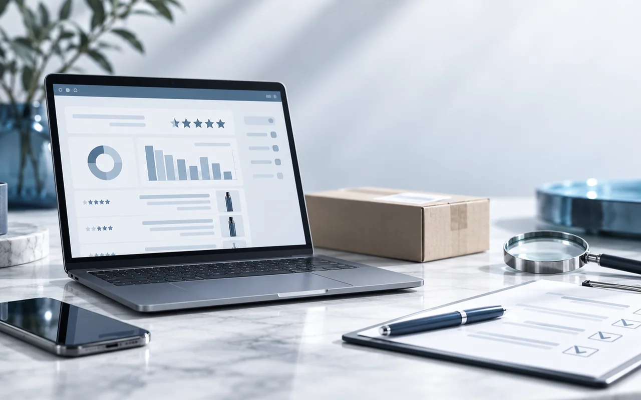 Redaktionelle Produktprüfung an einem modernen Arbeitsplatz mit Vape-Produkten