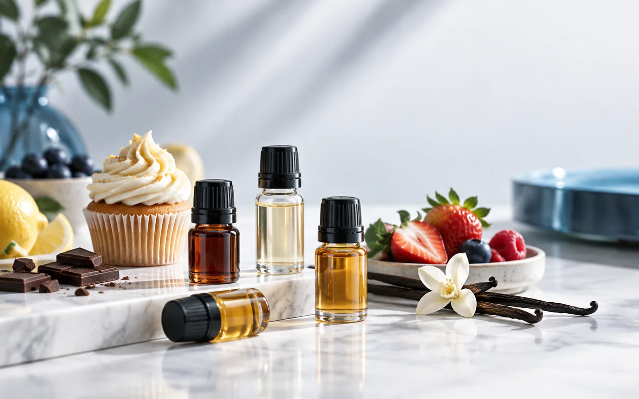 Lebensmittel- und Liquidaromen mit Früchten und Dessertnoten in einer professionellen Aufnahme