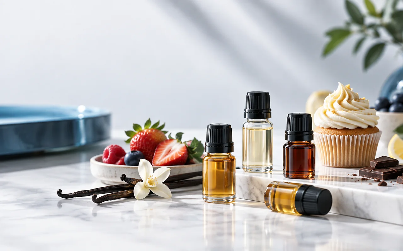 Lebensmittel- und Liquidaromen mit Früchten und Dessertnoten in einer professionellen Aufnahme