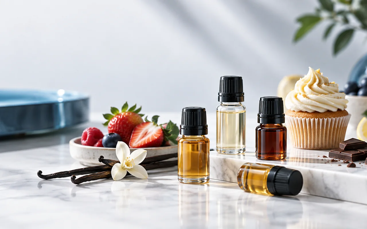 Lebensmittel- und Liquidaromen mit Früchten und Dessertnoten in einer professionellen Aufnahme