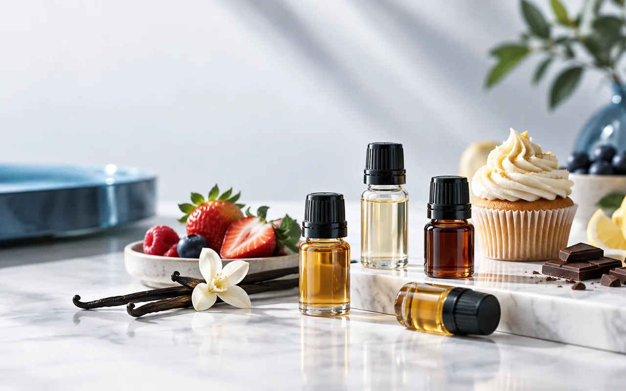 Lebensmittelaromen mit Früchten, Vanille, Gebäck und Aromafläschchen als Beispiele für verschiedene Geschmacksrichtungen