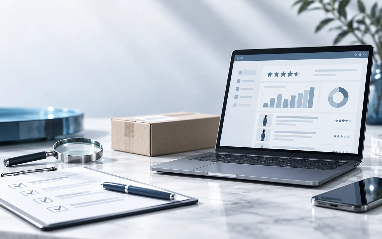 Redaktionelle Produktprüfung an einem modernen Arbeitsplatz mit Vape-Produkten