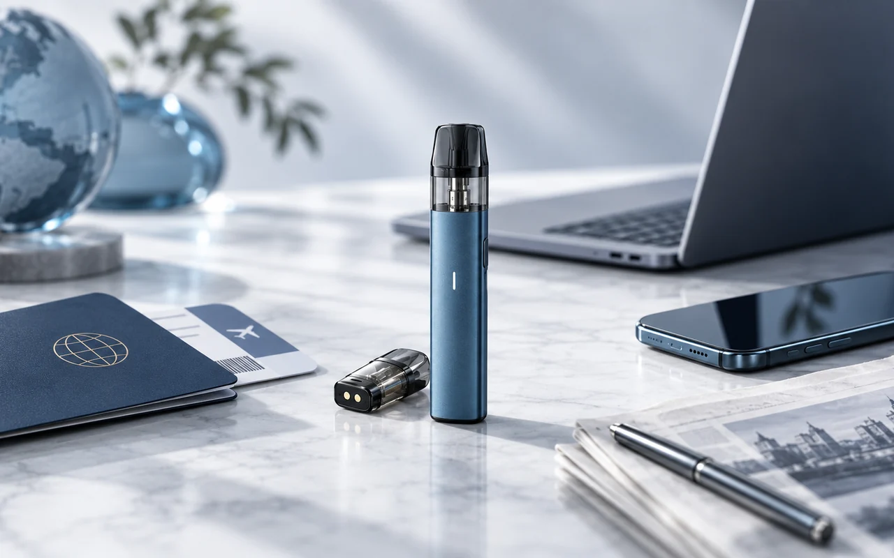 Vape-Gerät, Laptop, Zeitung und Globus als Symbol für Fachprofile, Veröffentlichungen und Presse
