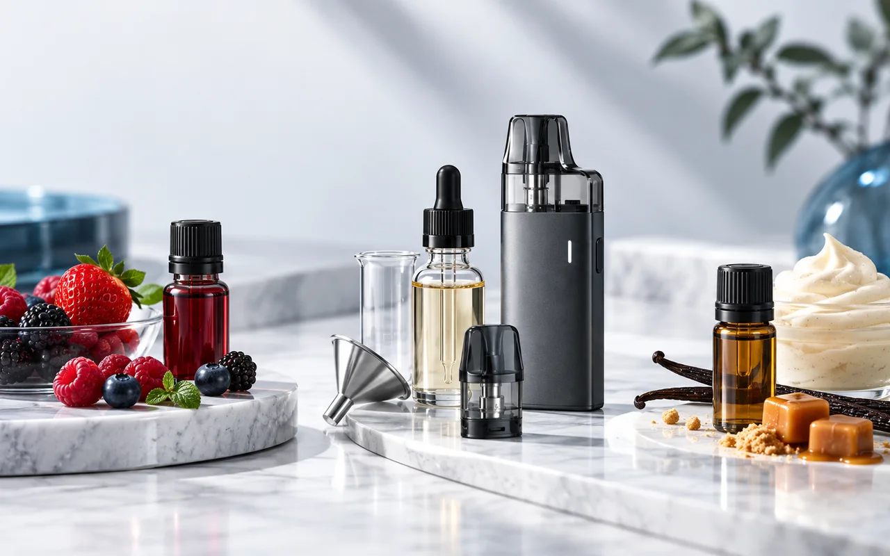 E-Liquid-Aromen, Pod-System und Geschmackszutaten in einer professionellen Produktaufnahme