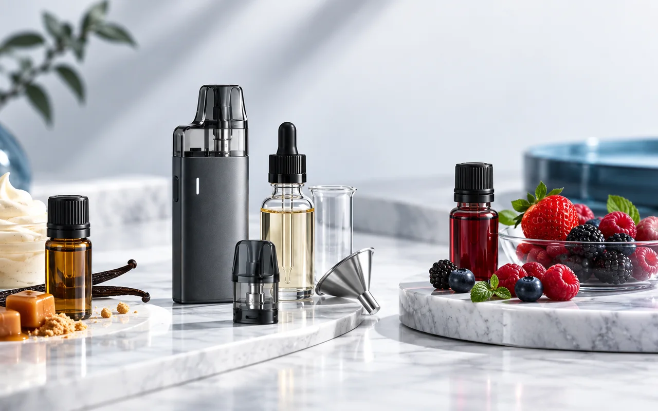E-Liquid-Aromen, Pod-System und Geschmackszutaten in einer professionellen Produktaufnahme