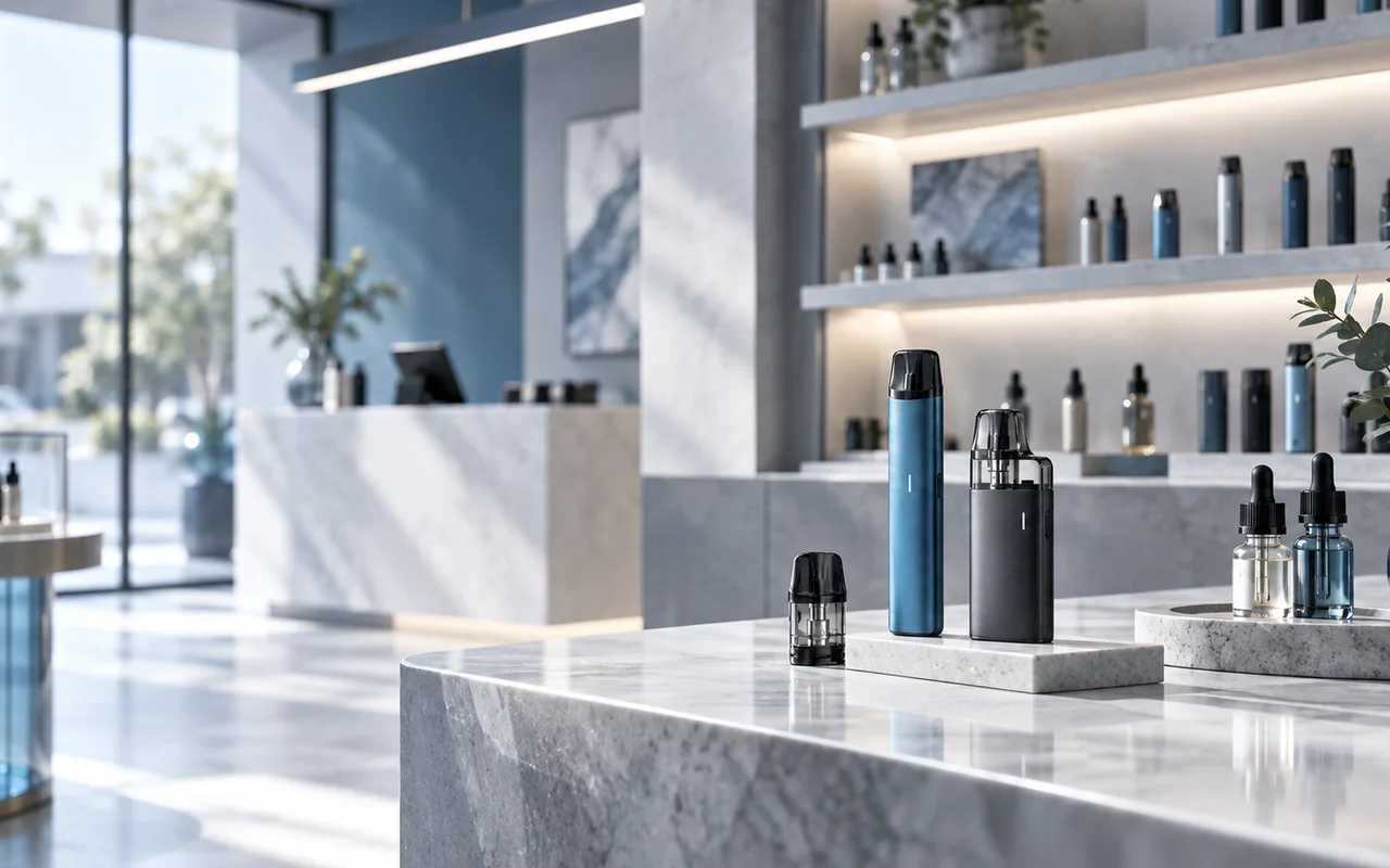 Moderner Vape-Shop mit E-Zigaretten, Pods und Liquids in professioneller Präsentation