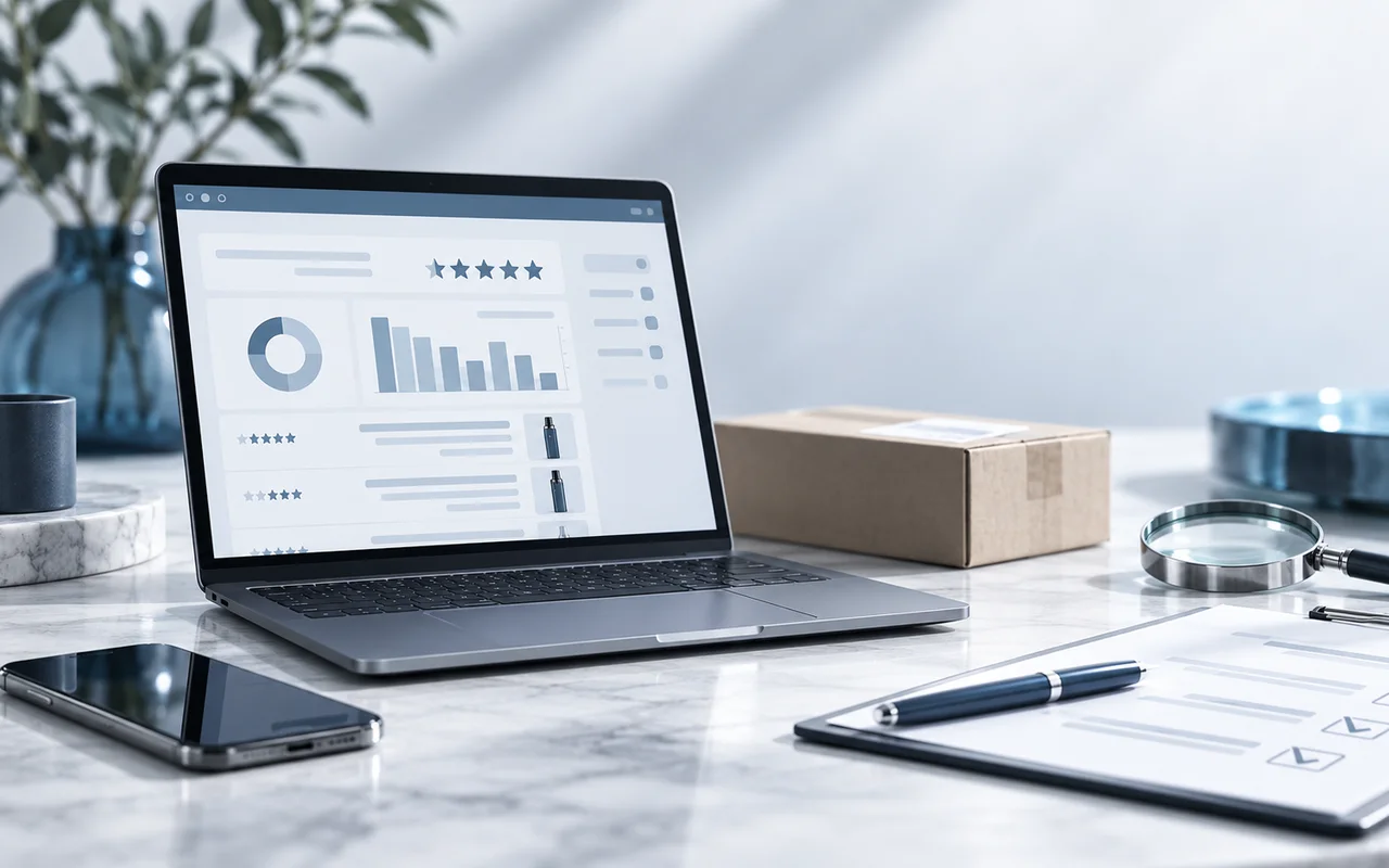 Redaktionelle Produktprüfung an einem modernen Arbeitsplatz mit Vape-Produkten