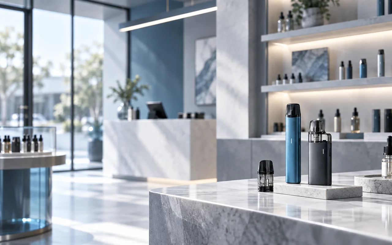 Moderner Vape-Shop mit E-Zigaretten, Pods und Liquids in professioneller Präsentation