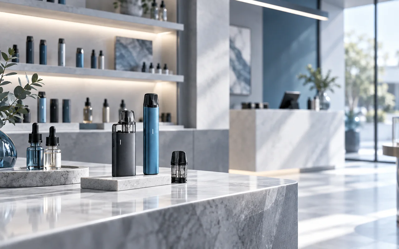 Moderner Vape-Shop mit E-Zigaretten, Pods und Liquids in professioneller Präsentation