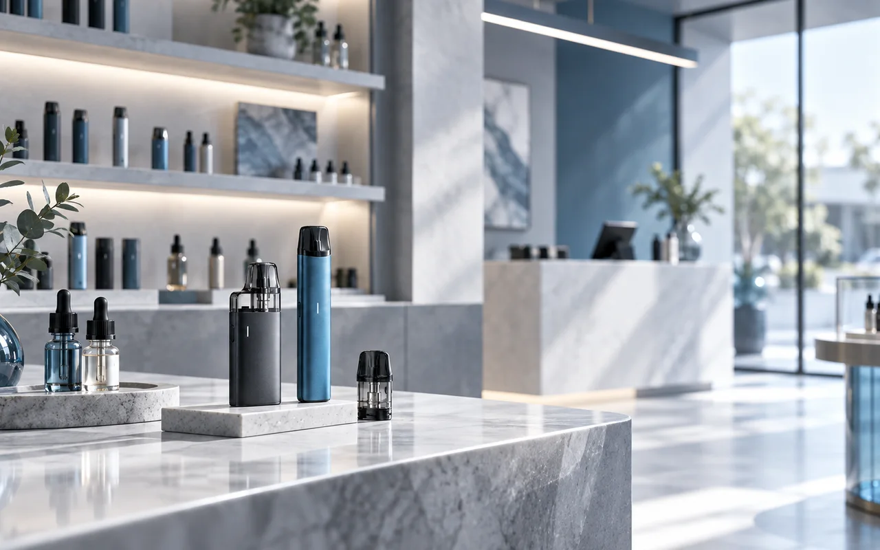 Moderner Vape-Shop mit E-Zigaretten, Pods und Liquids in professioneller Präsentation