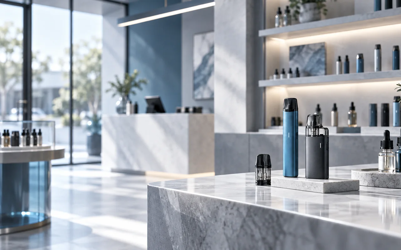 Moderner Vape-Shop mit E-Zigaretten, Pods und Liquids in professioneller Präsentation
