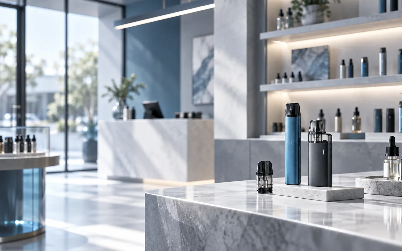 Moderner Vape-Shop mit E-Zigaretten, Pods und Liquids in professioneller Präsentation
