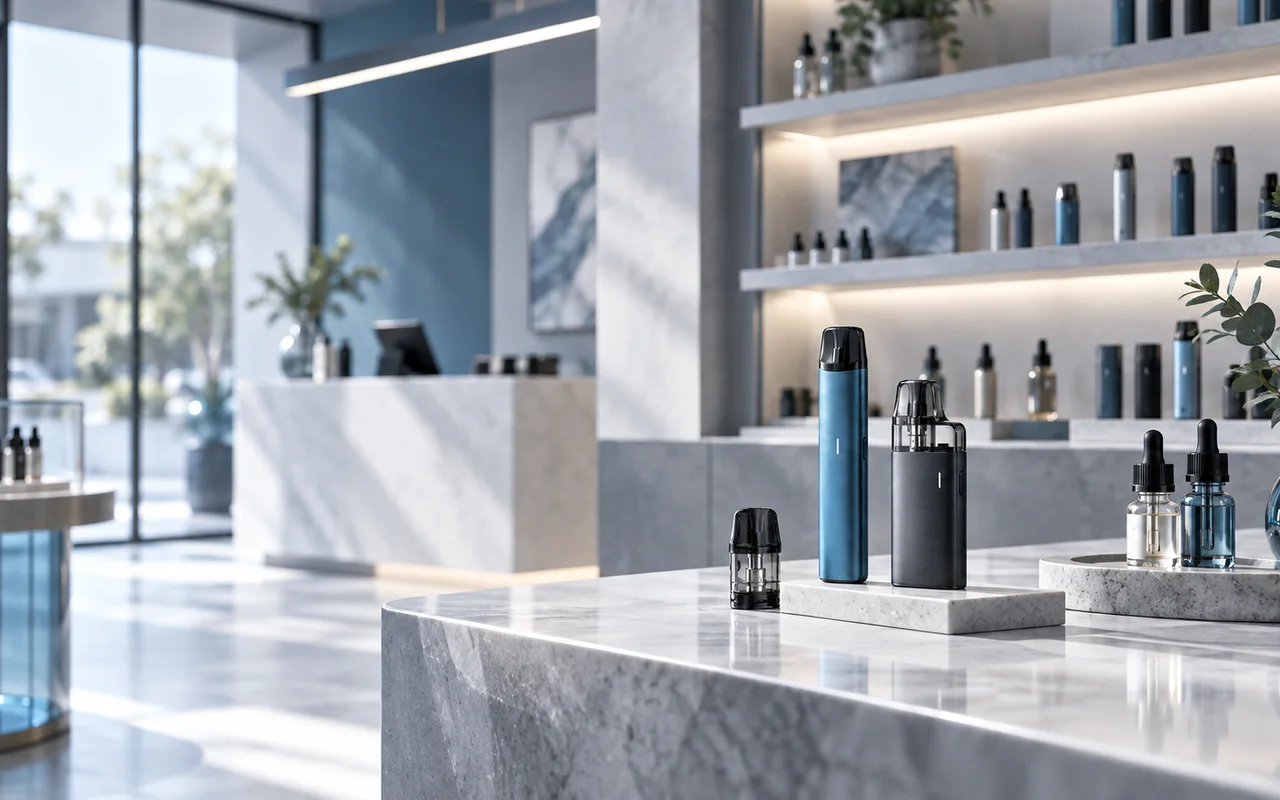 Moderner Vape-Shop mit E-Zigaretten, Pods und Liquids in professioneller Präsentation