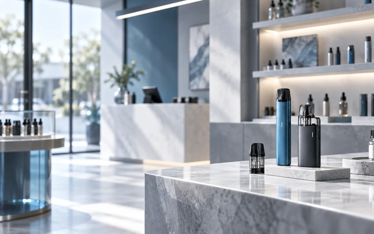Moderner Vape-Shop mit E-Zigaretten, Pods und Liquids in professioneller Präsentation