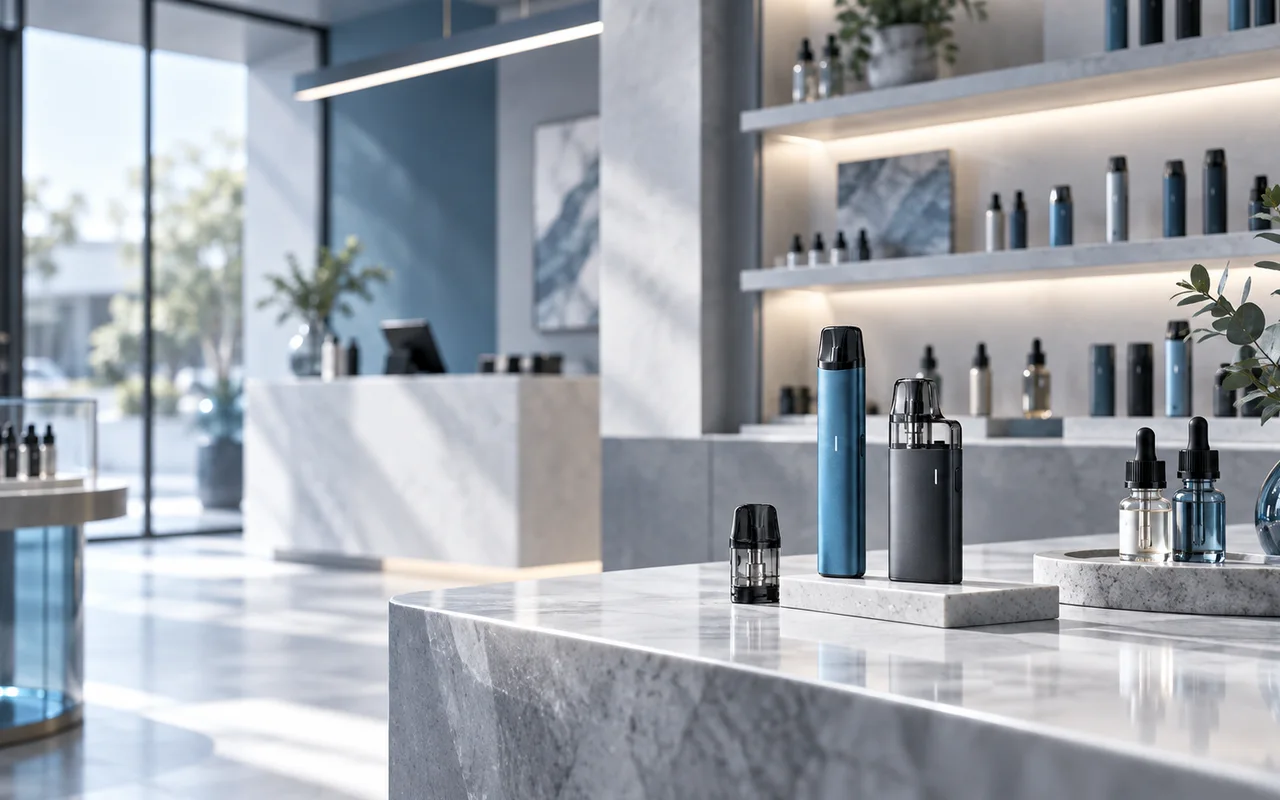 Moderner Vape-Shop mit E-Zigaretten, Pods und Liquids in professioneller Präsentation