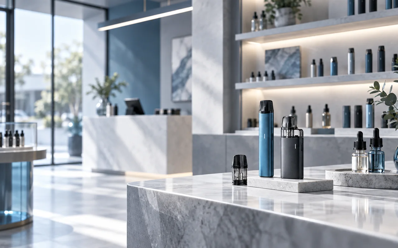Moderner Vape-Shop mit E-Zigaretten, Pods und Liquids in professioneller Präsentation