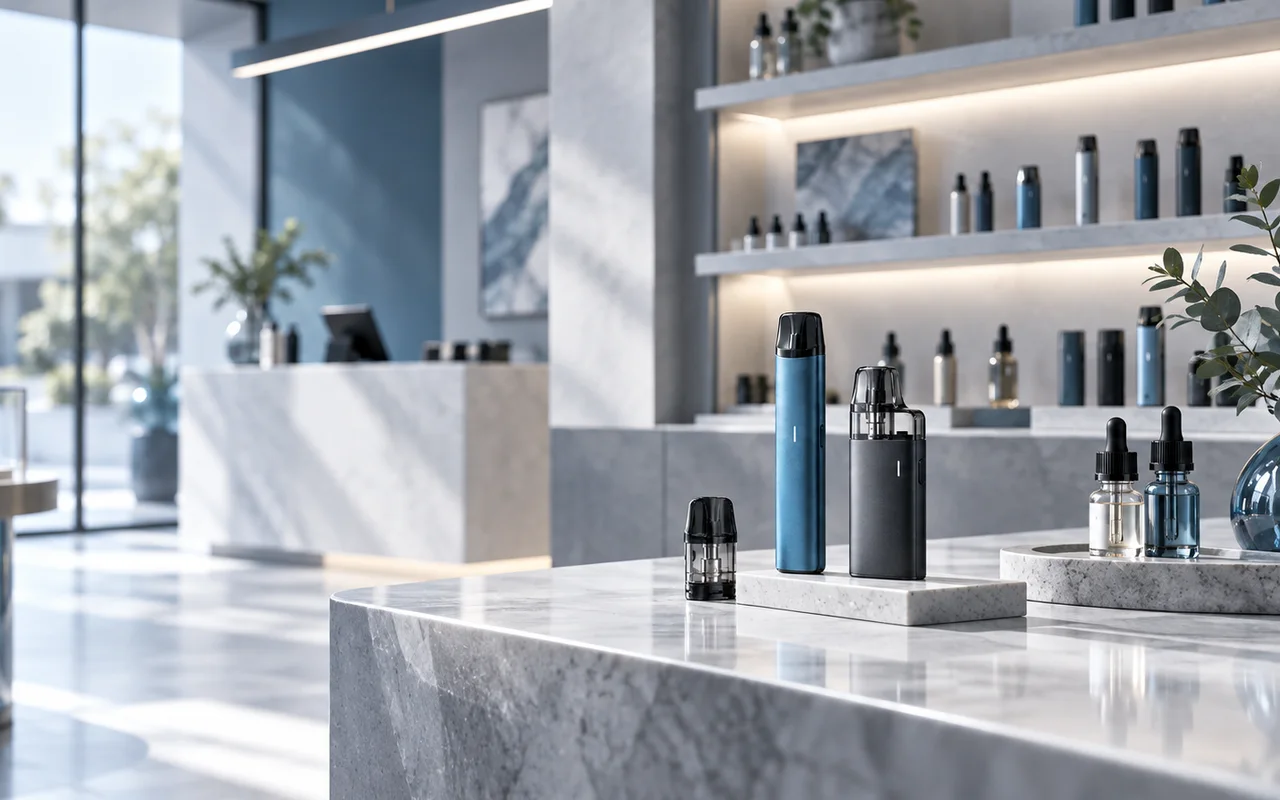 Moderner Vape-Shop mit E-Zigaretten, Pods und Liquids in professioneller Präsentation
