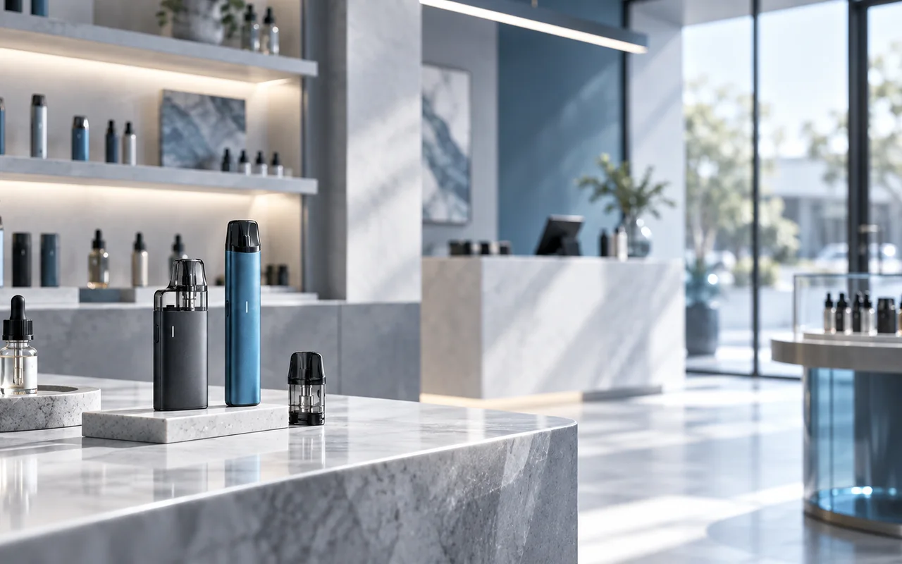 Moderner Vape-Shop mit E-Zigaretten, Pods und Liquids in professioneller Präsentation