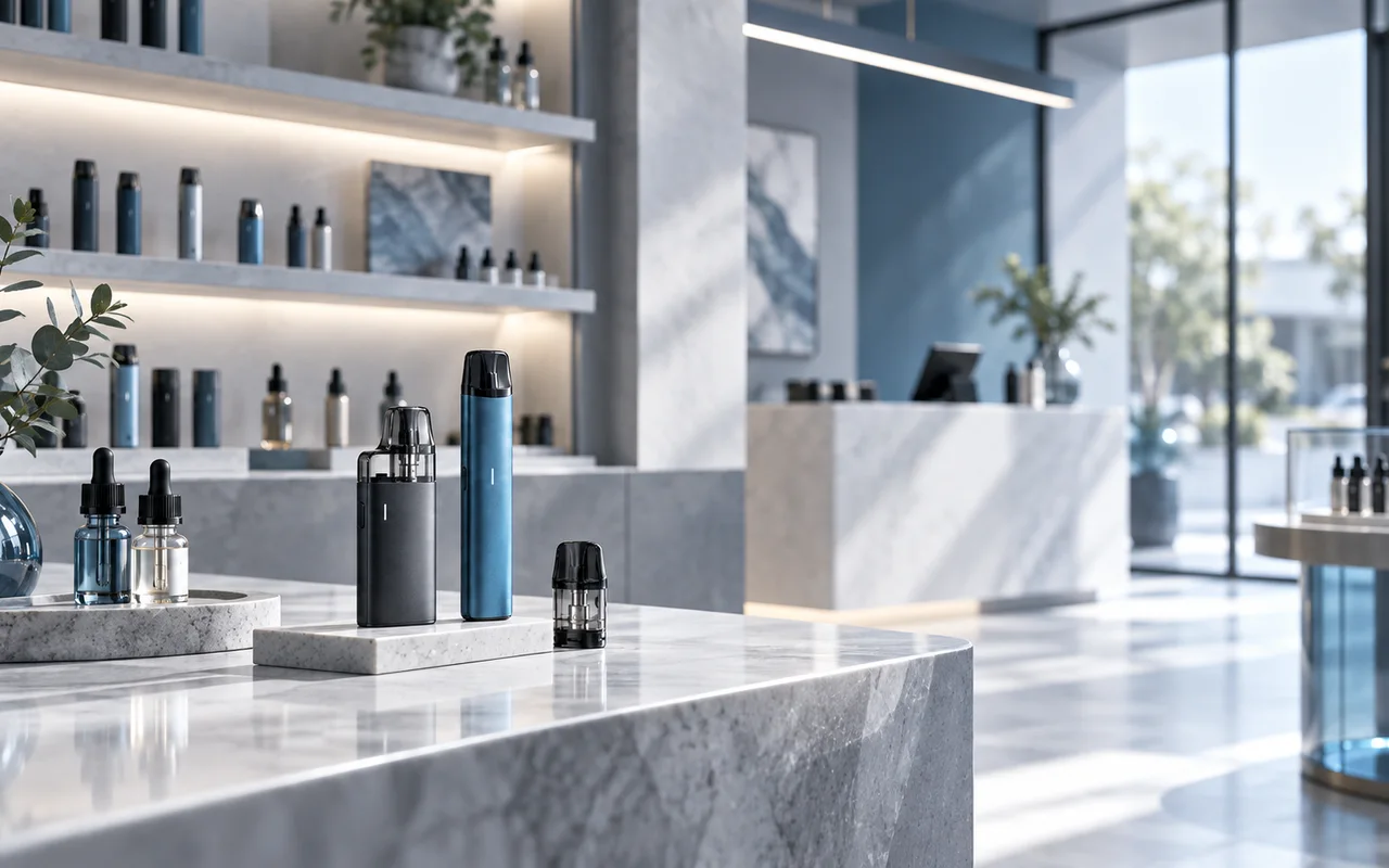 Moderner Vape-Shop mit E-Zigaretten, Pods und Liquids in professioneller Präsentation