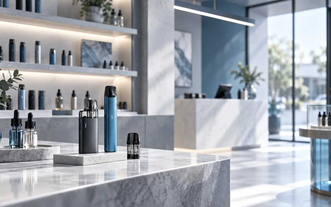 Moderner Vape-Shop mit E-Zigaretten, Pods und Liquids in professioneller Präsentation