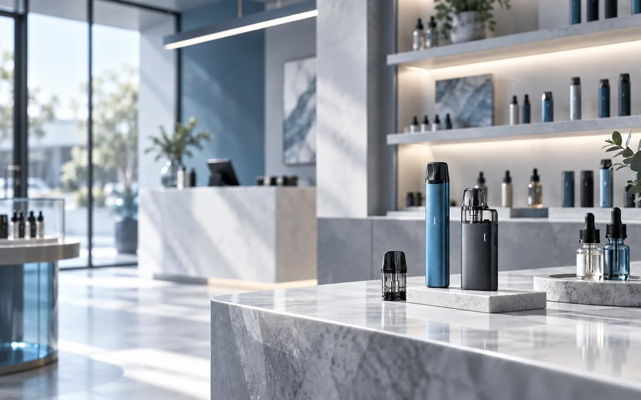 Moderner Vape-Shop mit E-Zigaretten, Pods und Liquids in professioneller Präsentation