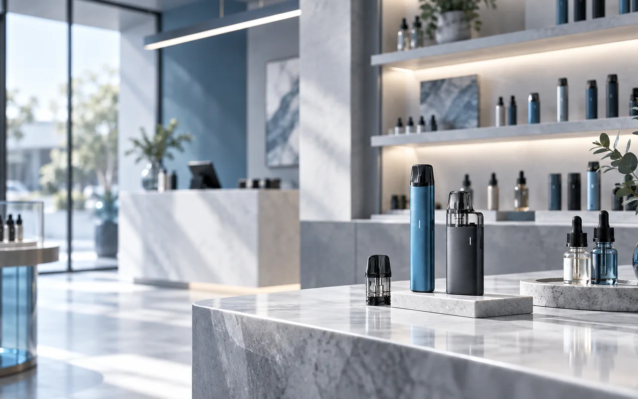 Moderner Vape-Shop mit E-Zigaretten, Pods und Liquids in professioneller Präsentation