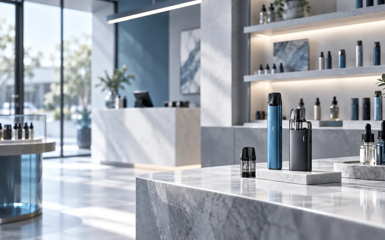 Moderner Vape-Shop mit E-Zigaretten, Pods und Liquids in professioneller Präsentation