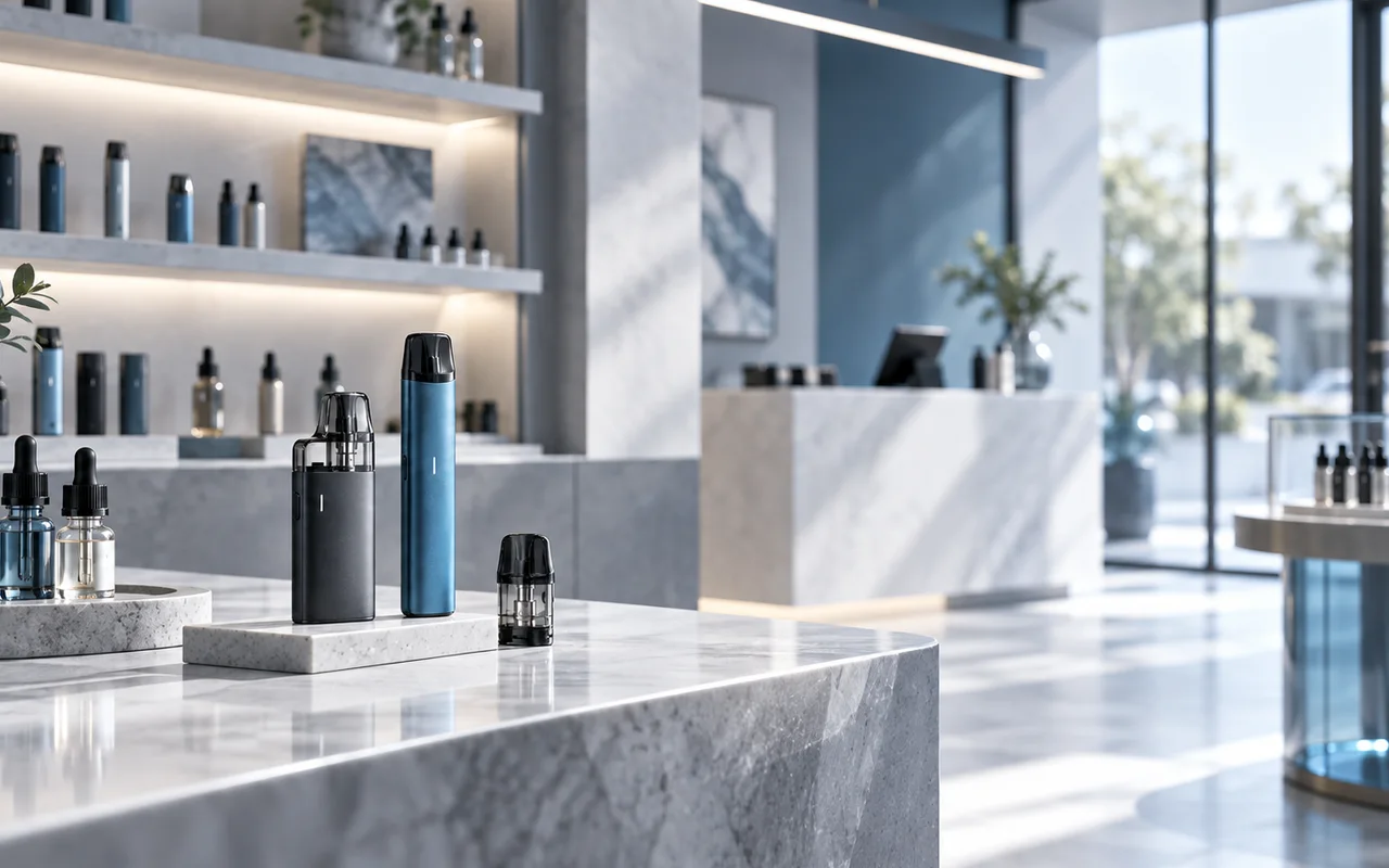 Moderner Vape-Shop mit E-Zigaretten, Pods und Liquids in professioneller Präsentation