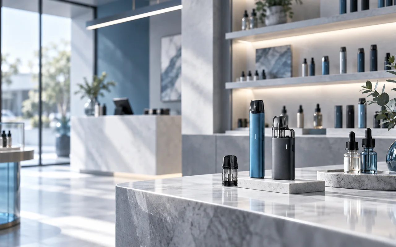 Moderner Vape-Shop mit E-Zigaretten, Pods und Liquids in professioneller Präsentation