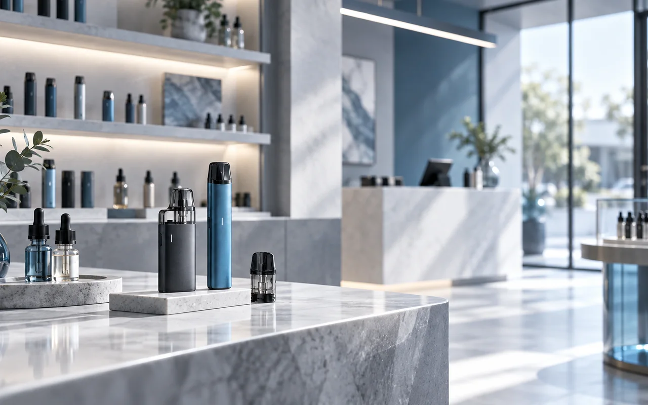 Moderner Vape-Shop mit E-Zigaretten, Pods und Liquids in professioneller Präsentation