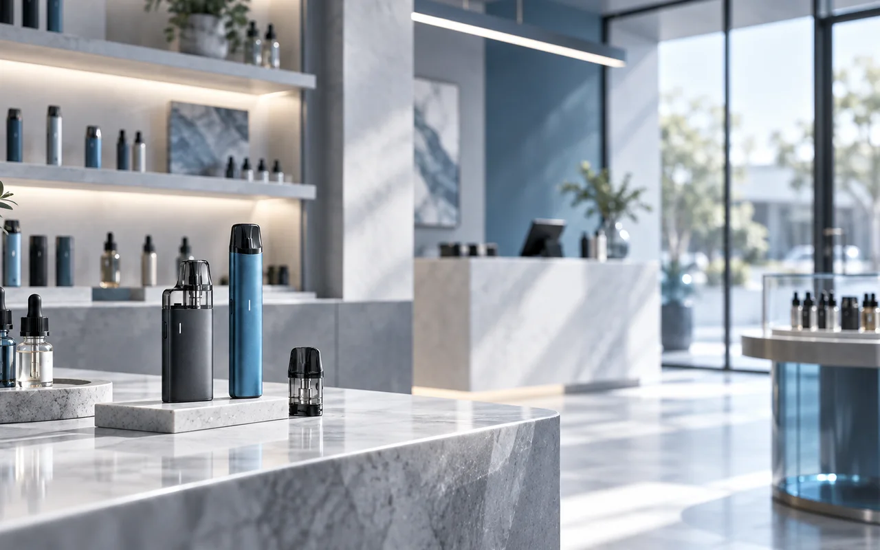 Moderner Vape-Shop mit E-Zigaretten, Pods und Liquids in professioneller Präsentation