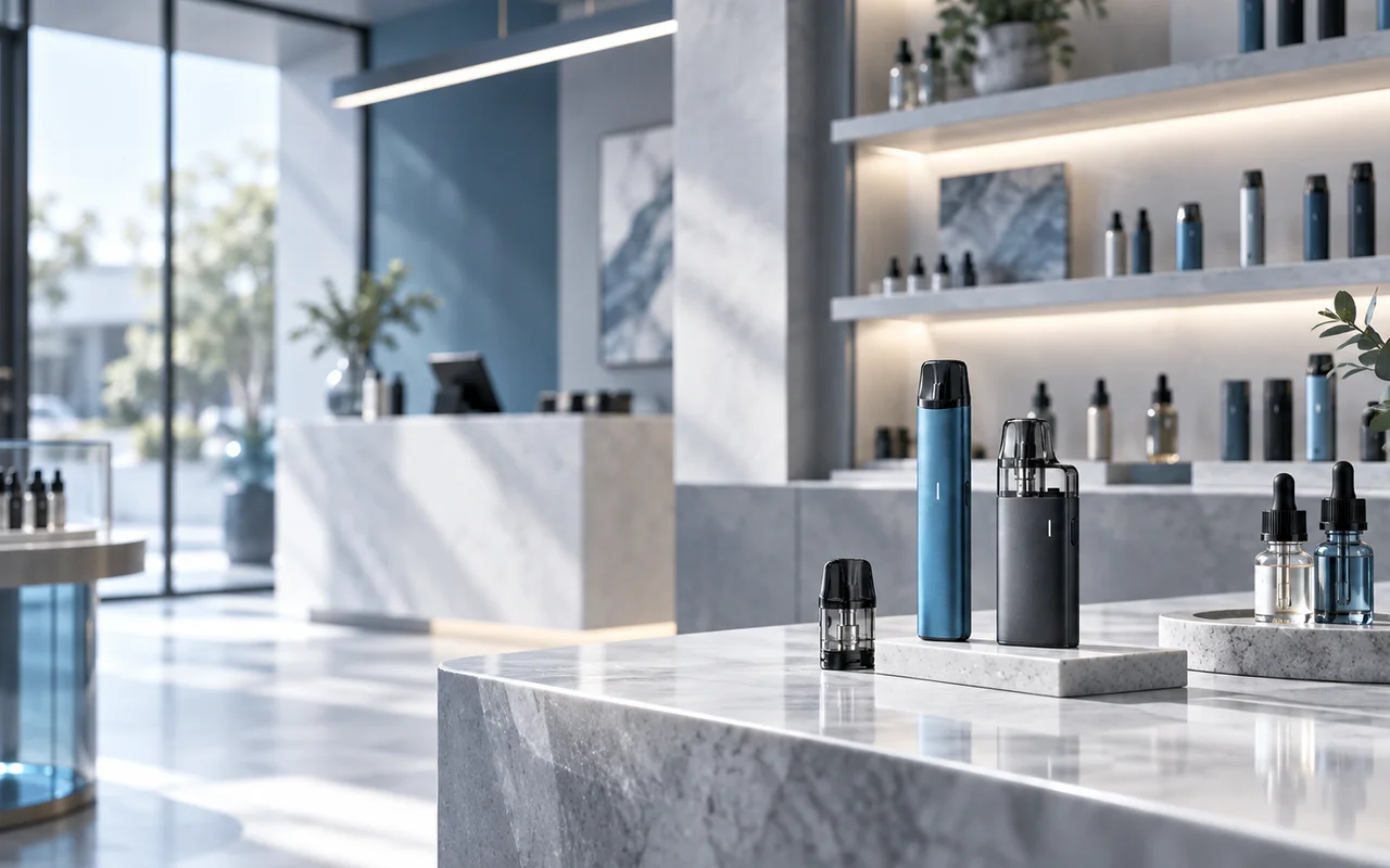 Moderner Vape-Shop mit E-Zigaretten, Pods und Liquids in professioneller Präsentation