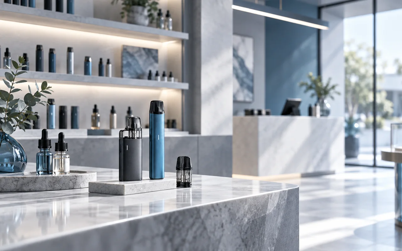 Moderner Vape-Shop mit E-Zigaretten, Pods und Liquids in professioneller Präsentation