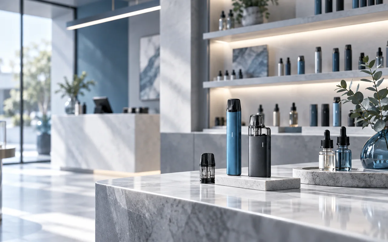 Moderner Vape-Shop mit E-Zigaretten, Pods und Liquids in professioneller Präsentation