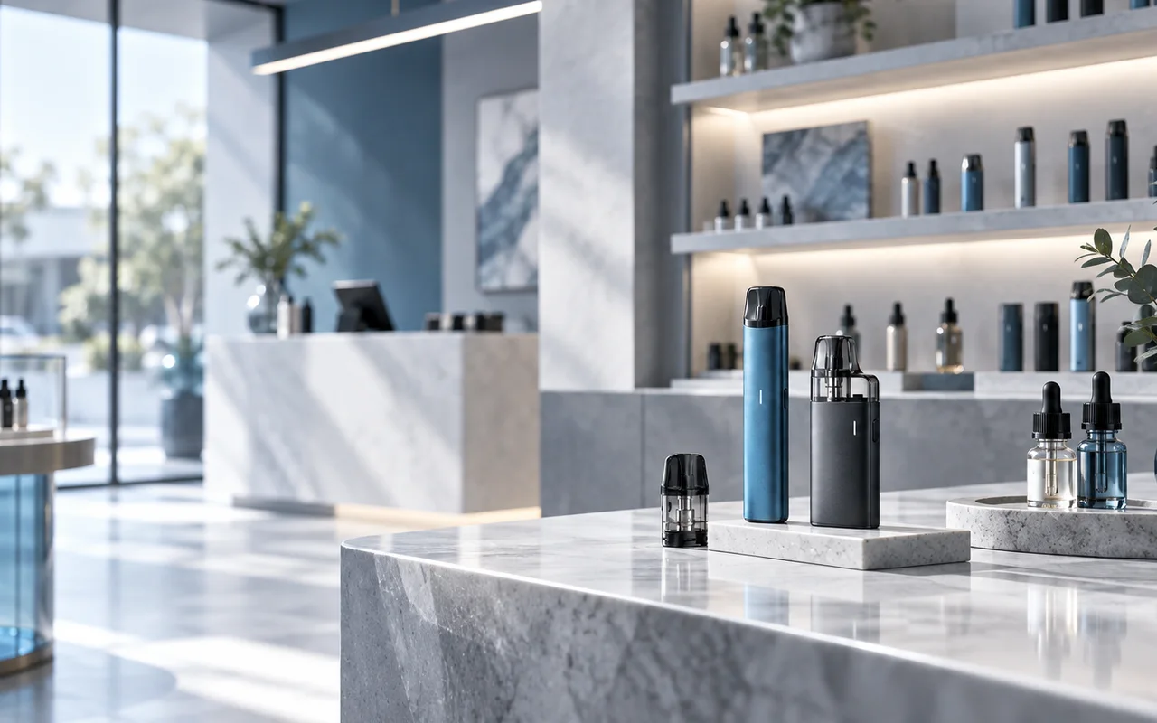 Moderner Vape-Shop mit E-Zigaretten, Pods und Liquids in professioneller Präsentation