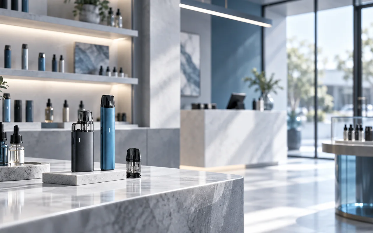 Moderner Vape-Shop mit E-Zigaretten, Pods und Liquids in professioneller Präsentation