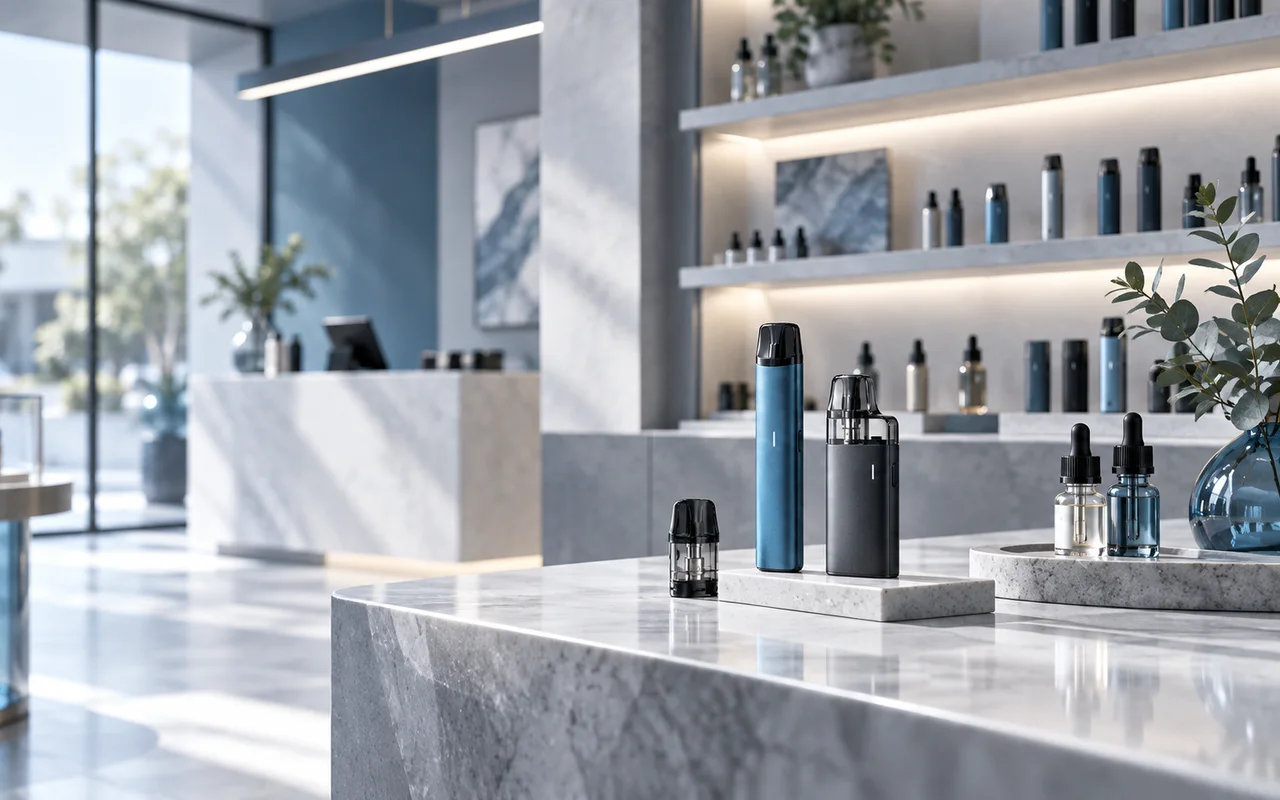 Moderner Vape-Shop mit E-Zigaretten, Pods und Liquids in professioneller Präsentation