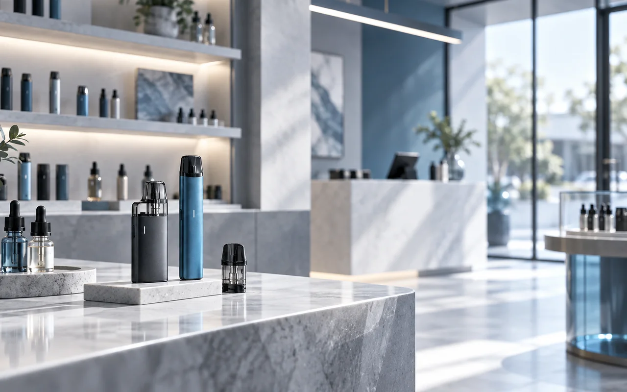 Moderner Vape-Shop mit E-Zigaretten, Pods und Liquids in professioneller Präsentation