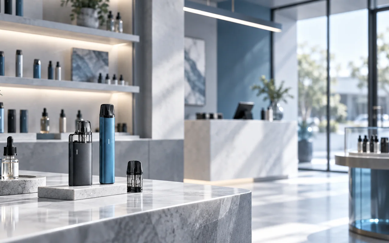 Moderner Vape-Shop mit E-Zigaretten, Pods und Liquids in professioneller Präsentation