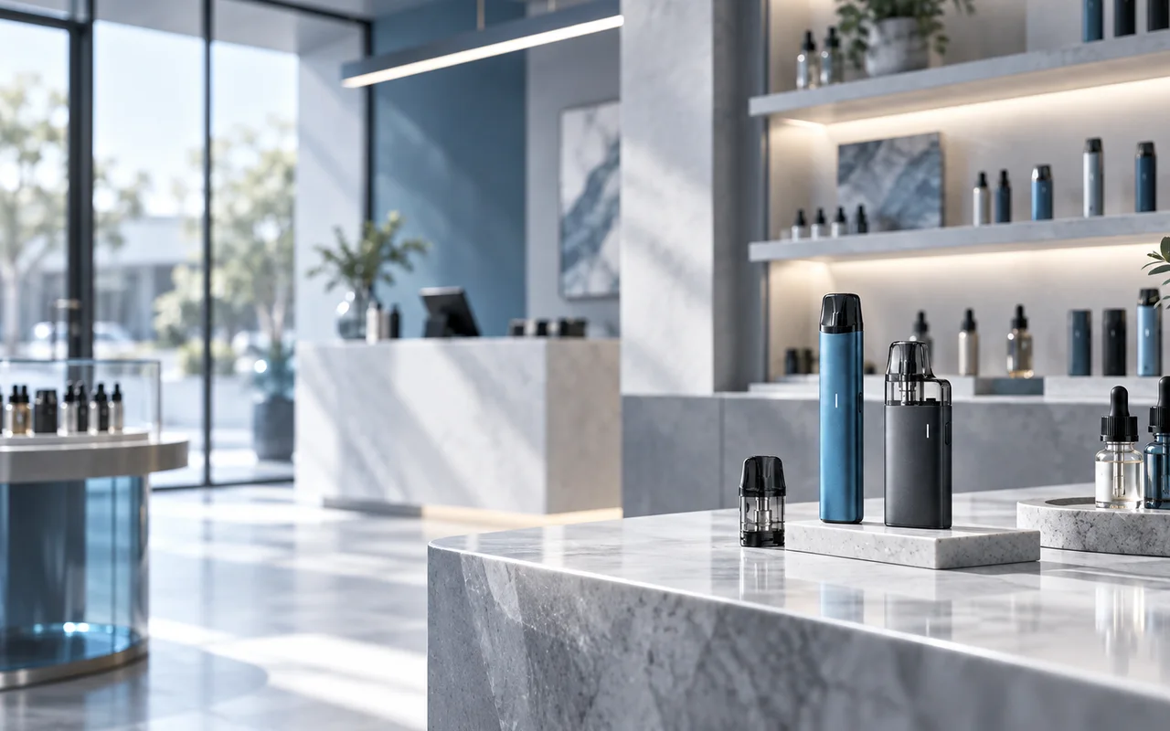 Moderner Vape-Shop mit E-Zigaretten, Pods und Liquids in professioneller Präsentation