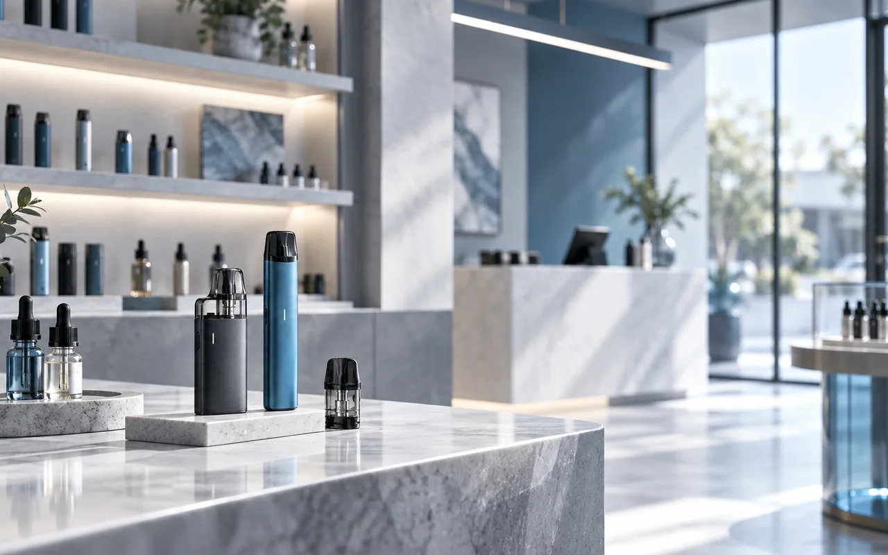 Moderner Vape-Shop mit E-Zigaretten, Pods und Liquids in professioneller Präsentation