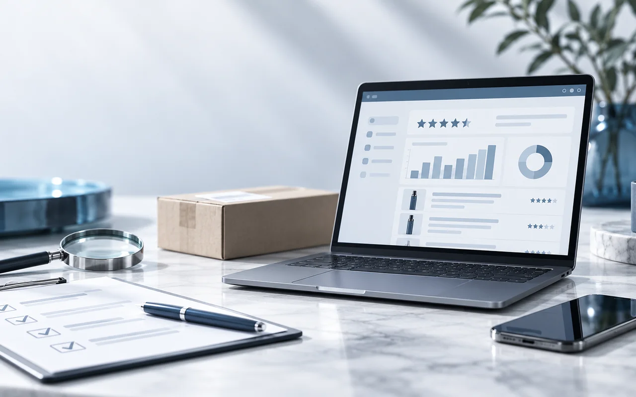 Redaktionelle Produktprüfung an einem modernen Arbeitsplatz mit Vape-Produkten
