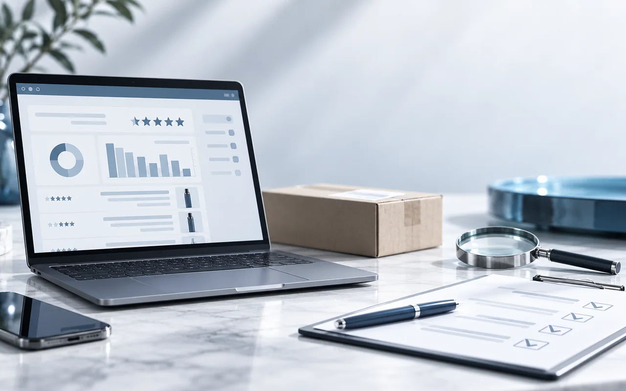 Redaktionelle Produktprüfung an einem modernen Arbeitsplatz mit Vape-Produkten