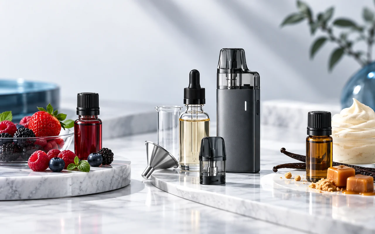 Vape-Aromen mit Beeren, Vanille und Dessertnoten als Symbol für unterschiedliche Vape-Rebelz-Geschmacksprofile