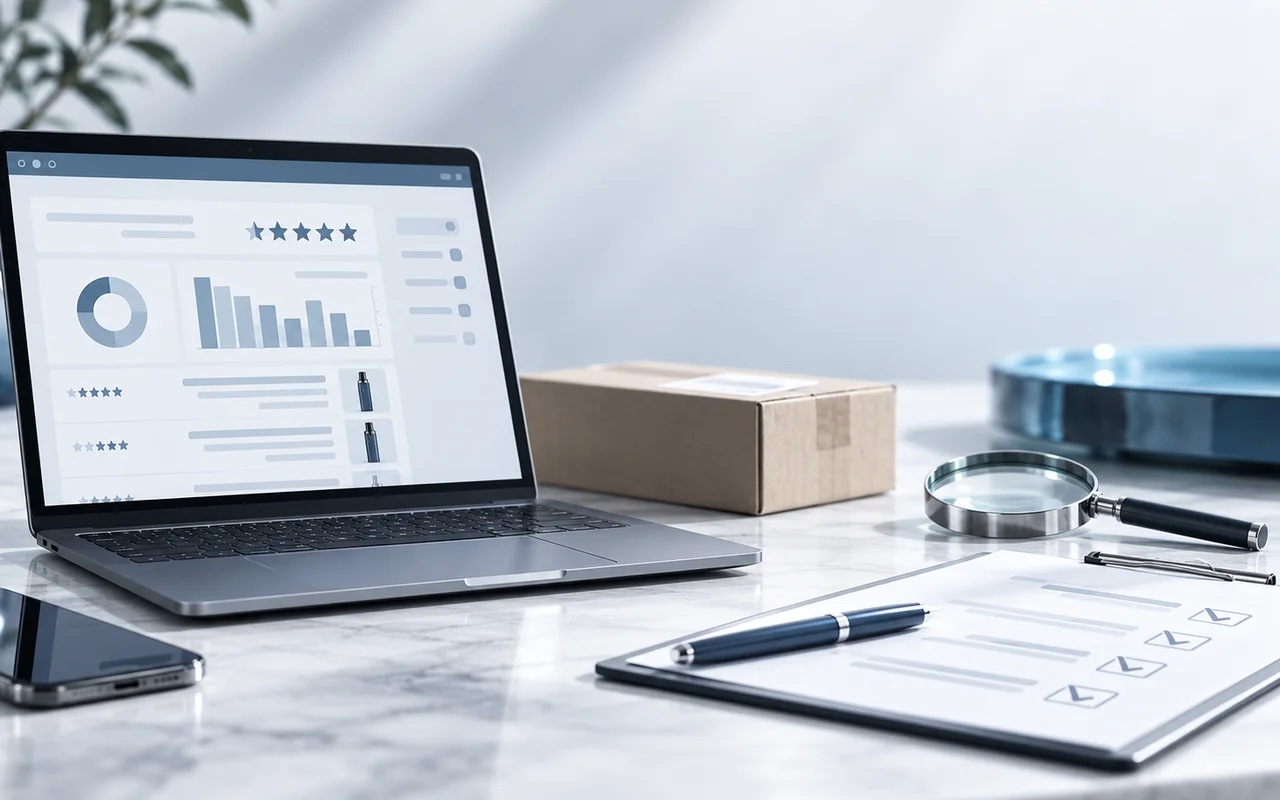 Redaktionelle Produktprüfung an einem modernen Arbeitsplatz mit Vape-Produkten