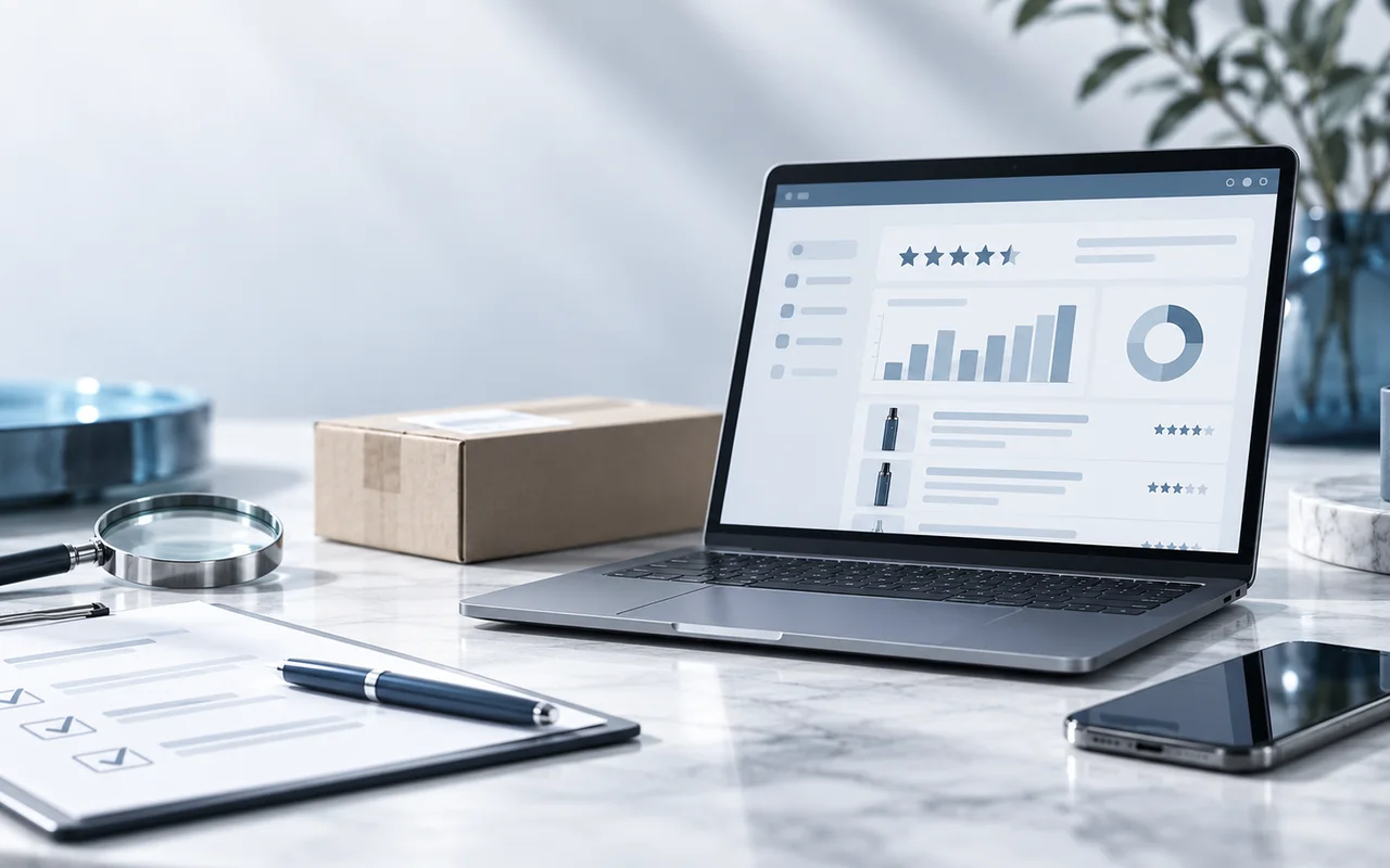 Redaktionelle Produktprüfung an einem modernen Arbeitsplatz mit Vape-Produkten