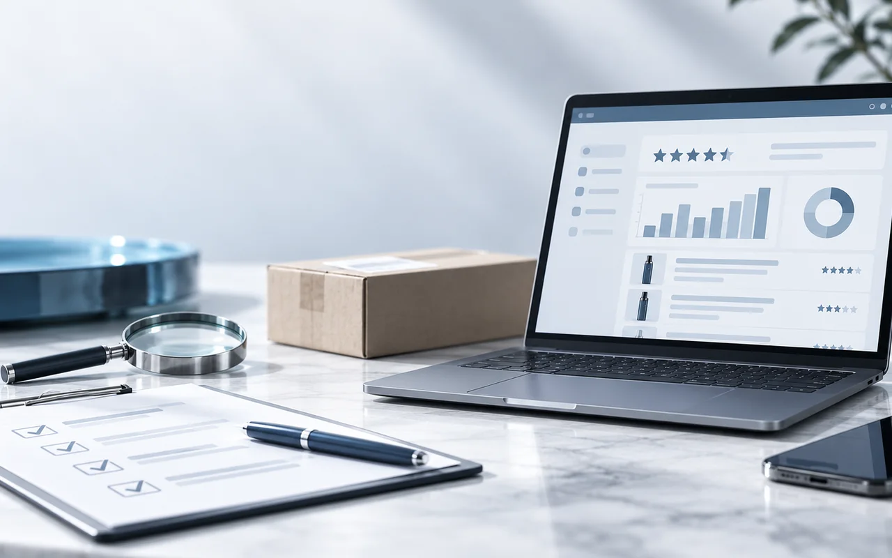Redaktionelle Produktprüfung an einem modernen Arbeitsplatz mit Vape-Produkten